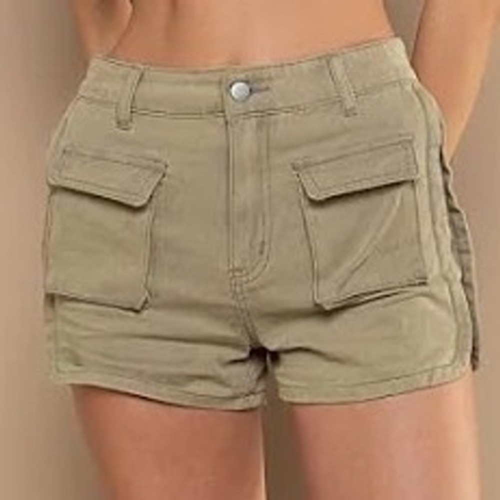 POL Womens Clothing Pocket Shorts Cotton Size‎ Large Olive Green Minimalist